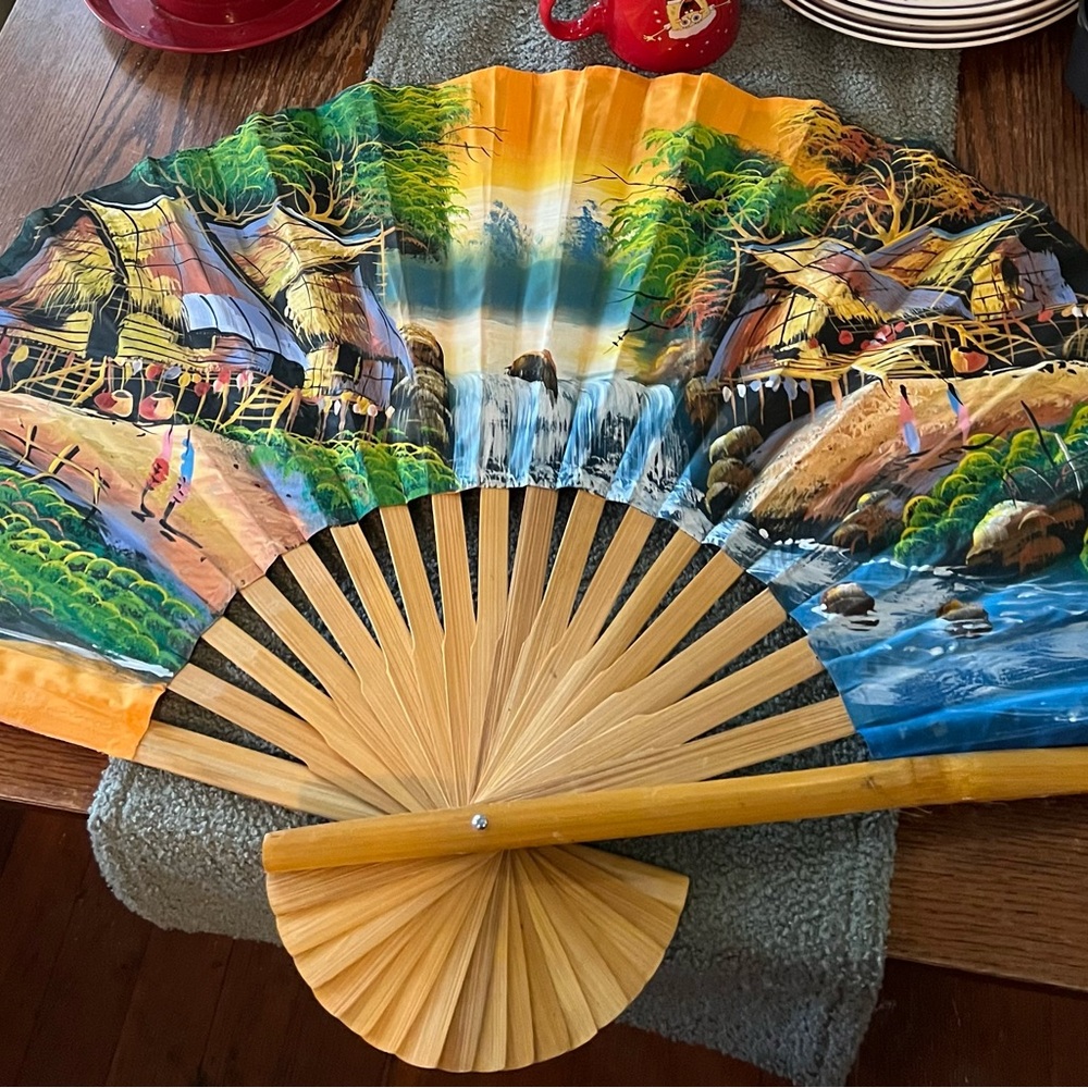Extra large Hand painted Green Wall Fan 39” Handmade Silk and Bamboo